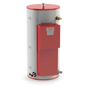 Industrial water heater with red and gray casing and brand label.